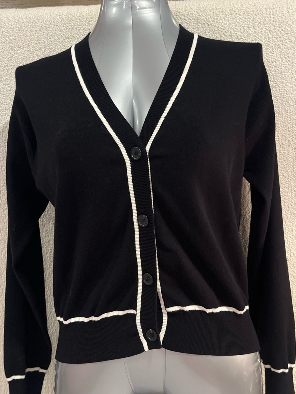 Mango Black Button-Front Cardigan with White Trim